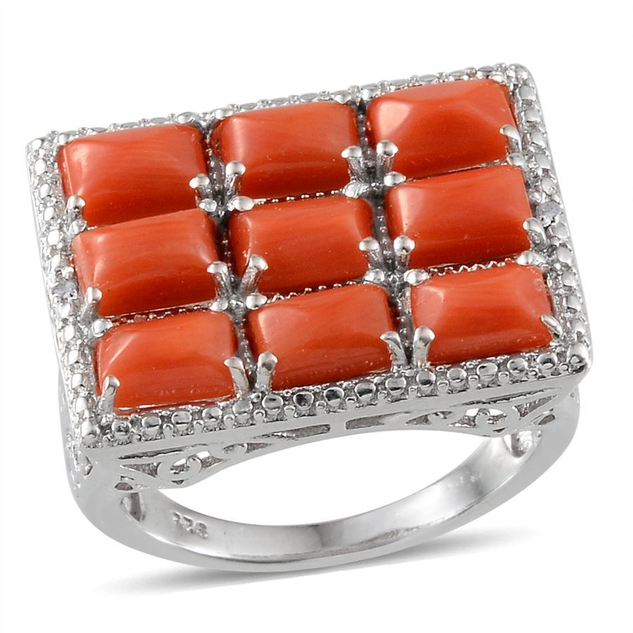 Natural Mediterranean Coral (Bgt), Diamond Ring in Platinum Overlay Sterling Silver 4.770 Ct.