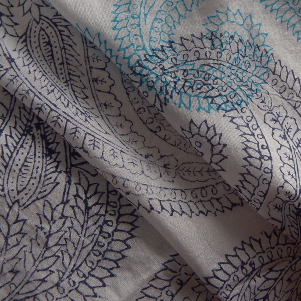 New Season-100% Cotton Blue, Grey and White Colour Hand Block Paisley Printed Kaftan with Tassels (Free Size)
