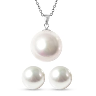 2 Piece Set - White Shell Pearl Pendant with Chain (Size 20) and Earrings