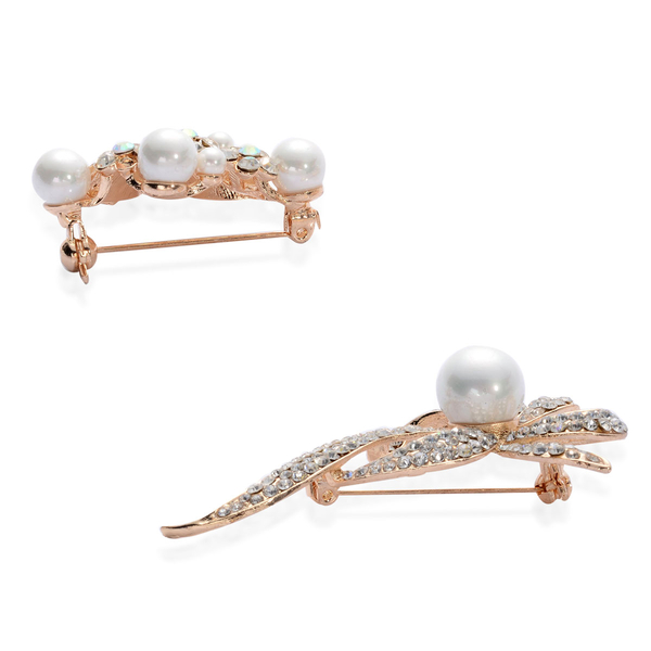 Set of 2 - White Glass Pearl and White Austrian Crystal Brooch in Gold Tone