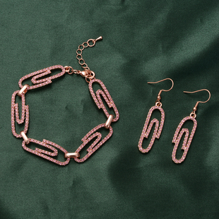 2 Piece Set - Pink Austrian Crystal Bracelet (Size 7.75 with 1.5 inch Extender) and Hook Earrings in Yellow Gold Tone
