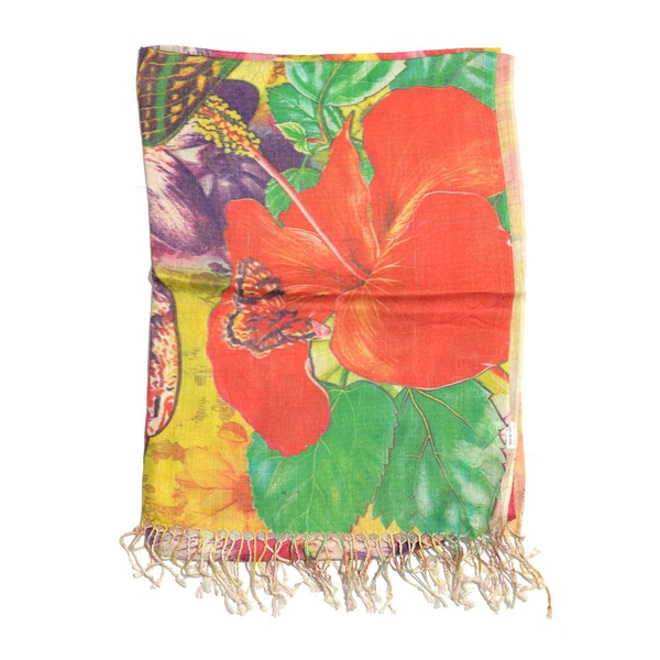 Butterfly and Floral Pattern Green Colour Scarf (Size 180x70 Cm)