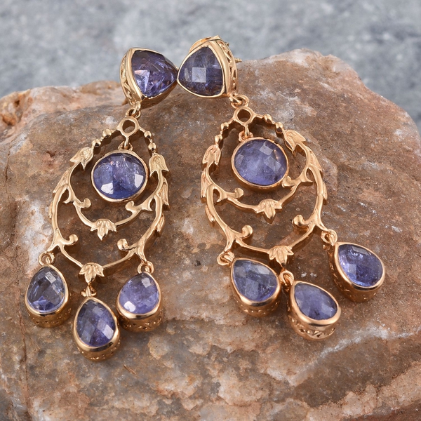 Royal Jaipur Tanzanite (Rnd), Ruby Chandelier Earrings (with Push Back) in 14K Gold Overlay Sterling Silver 8.250 Ct.