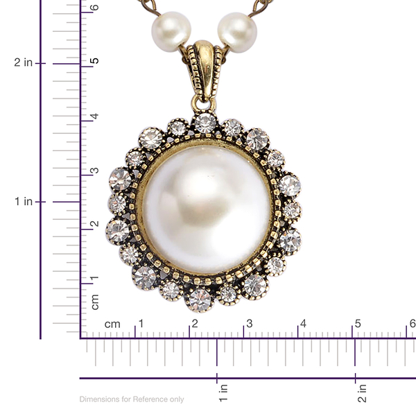 White Austrian Crystal and White Glass Pearl Necklace (Size 28 with 3 Inch Extender) in Silver Tone with Resin