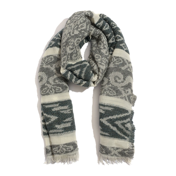 WINTER SPECIAL Mohair, Acro and Cotton Grey and White Colour Geometric Pattern Scarf (Size 190x75 Cm)