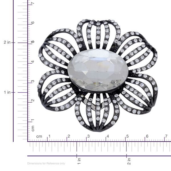 (Option 1) White Glass and White Austrian Crystal Floral Brooch or Scarf Clip in Black Tone