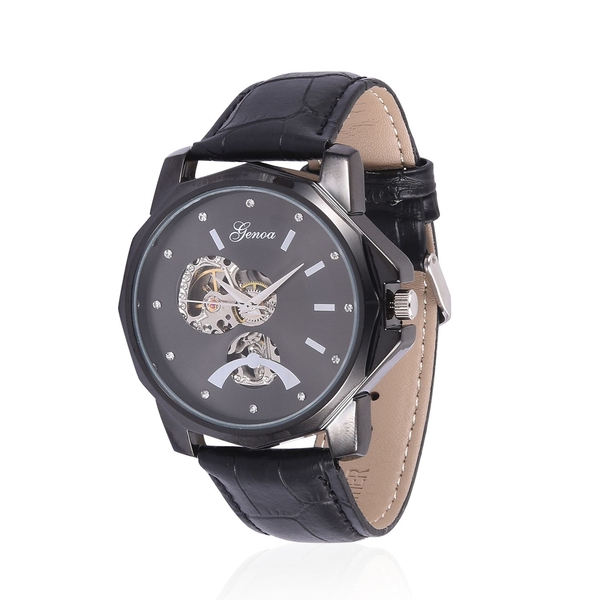 GENOA Automatic Skeleton Black Dial Water Resistant Watch in ION Plated Black with Stainless Steel B