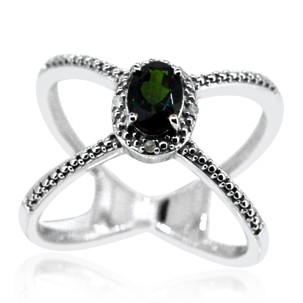 Chrome Diopside (Ovl), Diamond Criss Cross Ring in Rhodium Plated Sterling Silver.