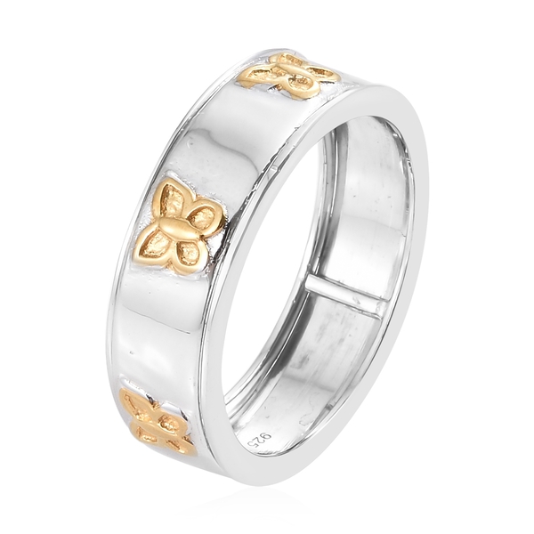 Designer Inspired-Yellow Gold and Rhodium Plated Sterling Silver Butterfly Spinner Ring, Silver wt. 5.09 Gms.