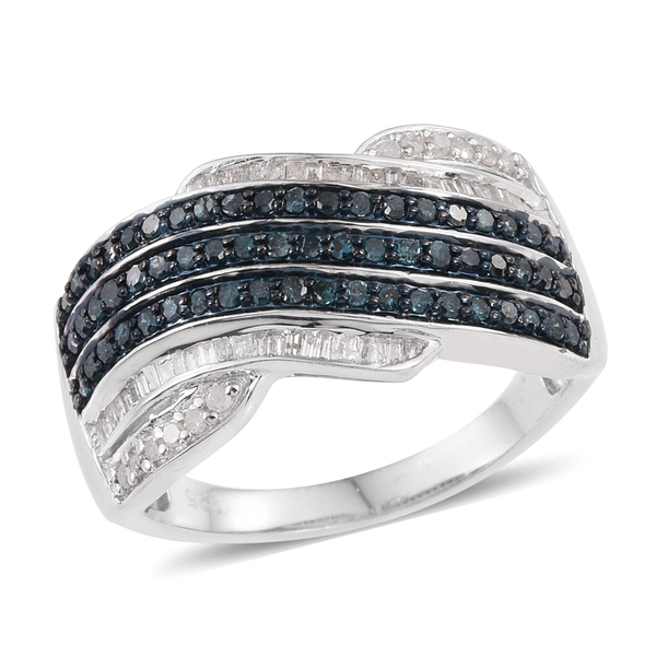 Blue Diamond (Rnd), White Diamond Ring in Platinum Overlay Sterling Silver 1.000 Ct.