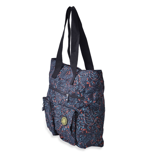 Red, Green and Multi Colour Leaves Pattern Black Colour Tote Bag With External Zipper Pocket (Size 37x35x10 Cm)
