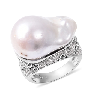 Baroque Fresh Water White Pearl and Multi Gemstone Solitaire Design Ring in Rhodium Plated Silver