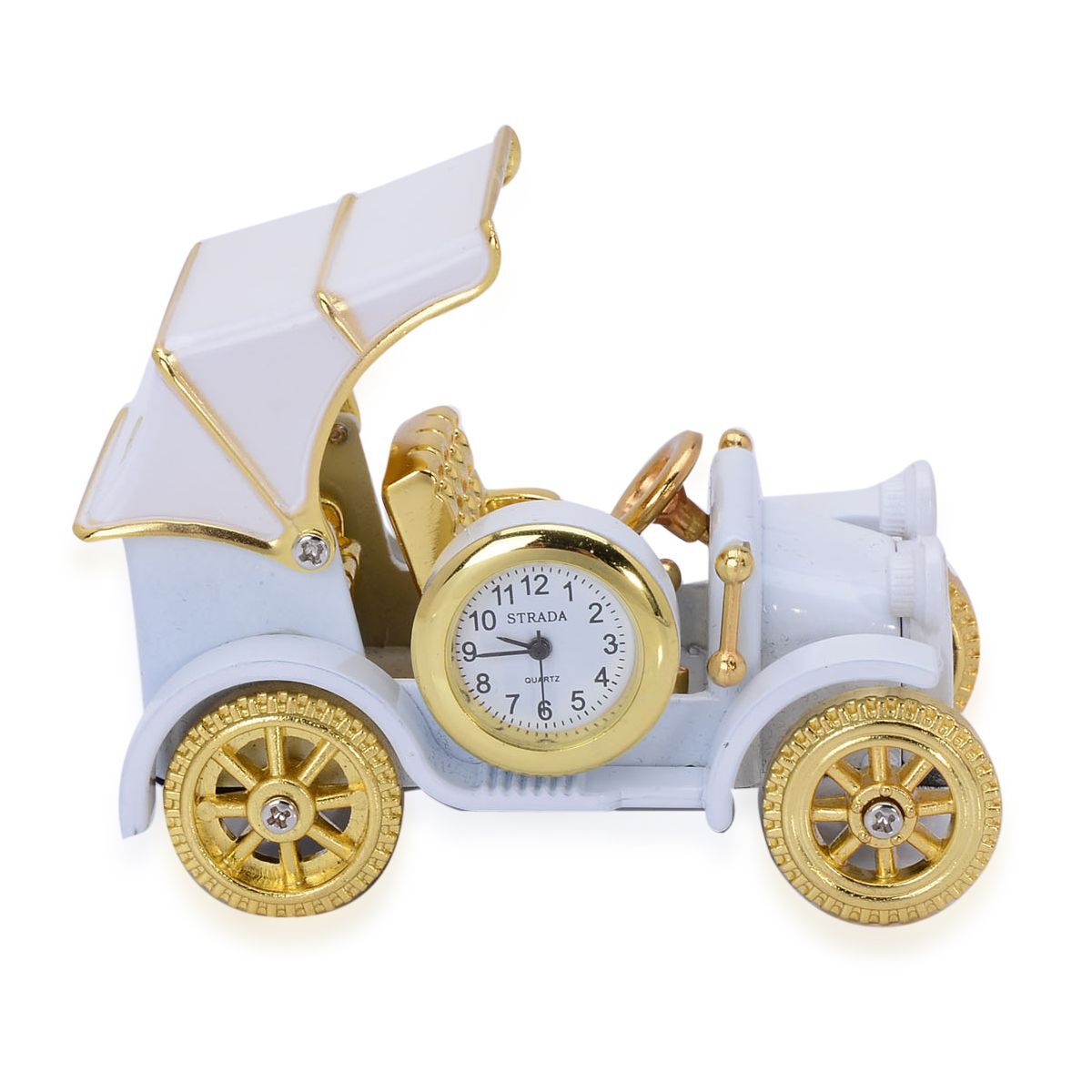 STRADA Japanese Movement White Dial Decorative British Car Table Clock in Gold Tone