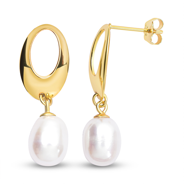 White Freshwater Pearl Drop Earrings (With Push Back) in Yellow Gold Overlay Sterling Silver