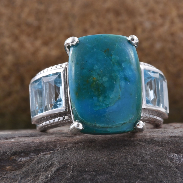 Natural Rare Opalina (Cush 10.00 Ct), Sky Blue Topaz Ring in Platinum Overlay Sterling Silver 15.000 Ct.