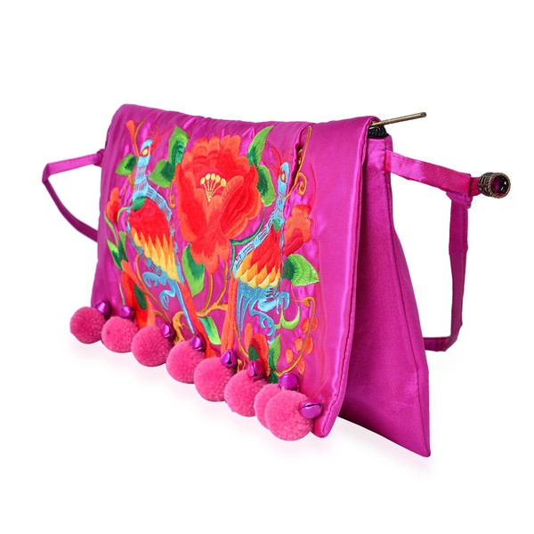 Shanghai Collection Pink, Red and Multi Colour Floral and Birds Embroidered Clutch Bag with Pom Pom (Size 35X18 Cm)