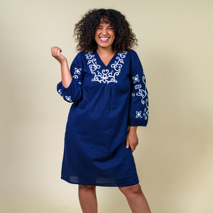 TAMSY Cotton Embroidered V Neck Top - Blue