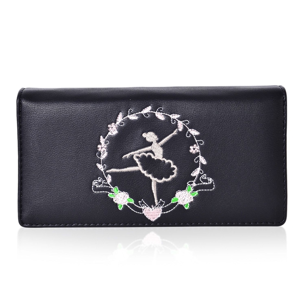 Dancing Ballerina Embroidered Black Colour Ladies Wallet with Multiple Card Slots (Size 19X9X3 Cm)