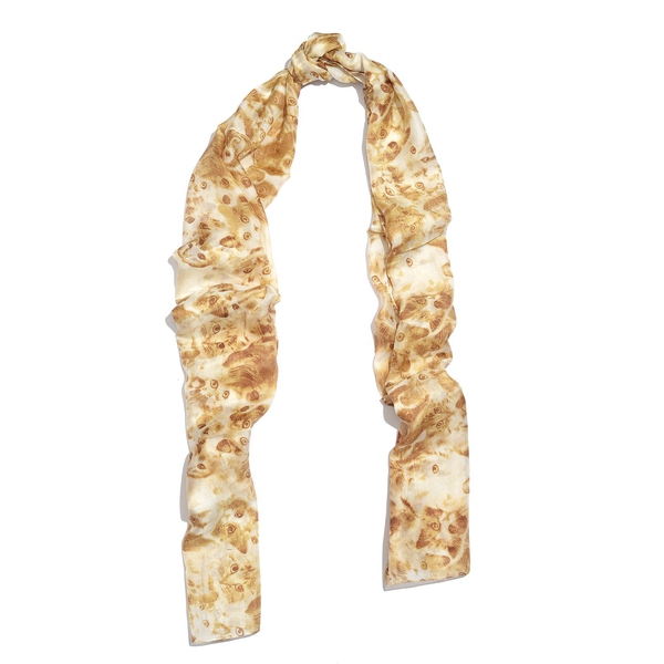100% Mulberry Silk Golden and White Colour Handscreen Cat Face Printed Scarf (Size 180X50 Cm)