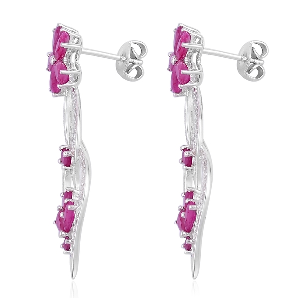 Ruby (Pear), Natural White Cambodian Zircon Flower Earrings (with Push Back) in Rhodium Plated Sterling Silver 5.225 Ct.