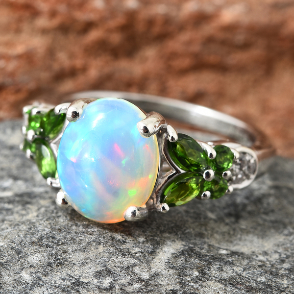 Ethiopian Welo Opal (Ovl 10x8 mm), Chrome Diopside and Natural Cambodian Zircon Ring in Platinum Overlay Sterling Silver 2.250 Ct.