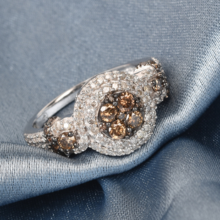 GP Champagne and White Diamond, Blue Sapphire Ring in Platinum Overlay Sterling Silver 1.02 Ct.