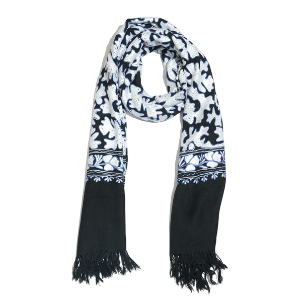 100% Merino Wool Black, White and Blue Colour Hand Embroidered Shawl with Fringes  Size 190x70 Cm