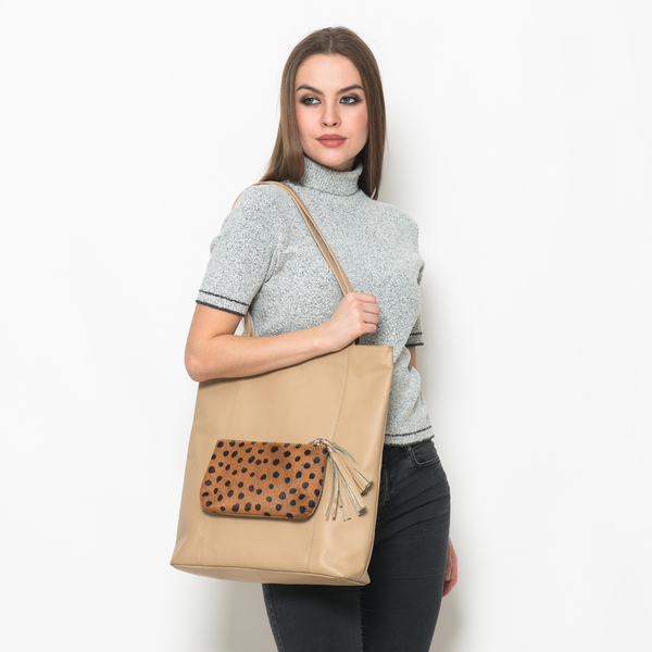 Elizabeth Genuine Leather Camel Colour Tote Bag with Removable Pouch (Size 38x37 Cm and 21x13 Cm)