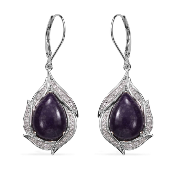13.15 Ct Sugilite and Diamond Drop Earrings with Lever Back in Rhodium Plated Silver