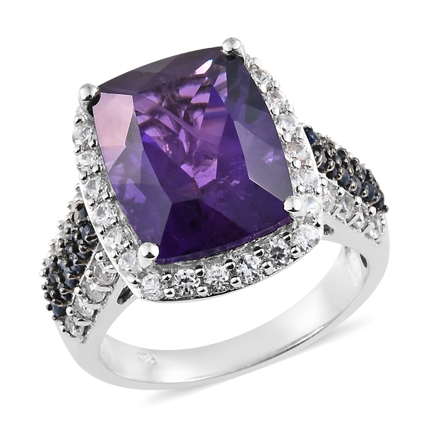 13 Carat Amethyst and Multi Gemstone Cluster Halo Ring in Platinum Plated Silver 7.01 Grams