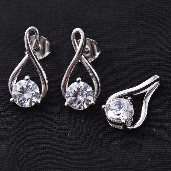 Lustro Stella - Platinum Overlay Sterling Silver (Rnd) Pendant and Earrings (with Push Back) Made with Finest CZ
