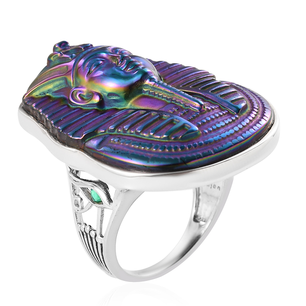 Sajen Silver CULTURAL FLAIR Collection- Pharaoh Carved Simulated Emerald and Caribbean Rainbow Doublet Quartz Ring in Sterling Silver