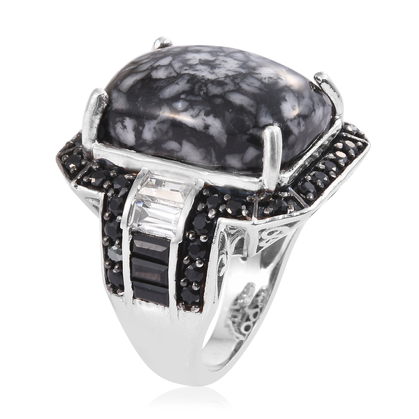 Austrian Pinolith (Oct 20.40 Ct), Boi Ploi Black Spinel and White Topaz Ring in Platinum Overlay Sterling Silver 24.500 Ct.