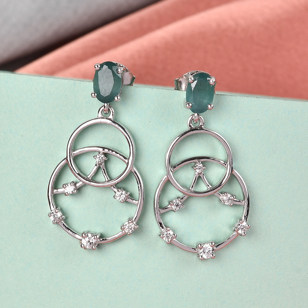 Grandidierite and Natural Cambodian Zircon Dangling Earrings (with Push Back) in Platinum Overlay Sterling Silver 1.25 Ct.