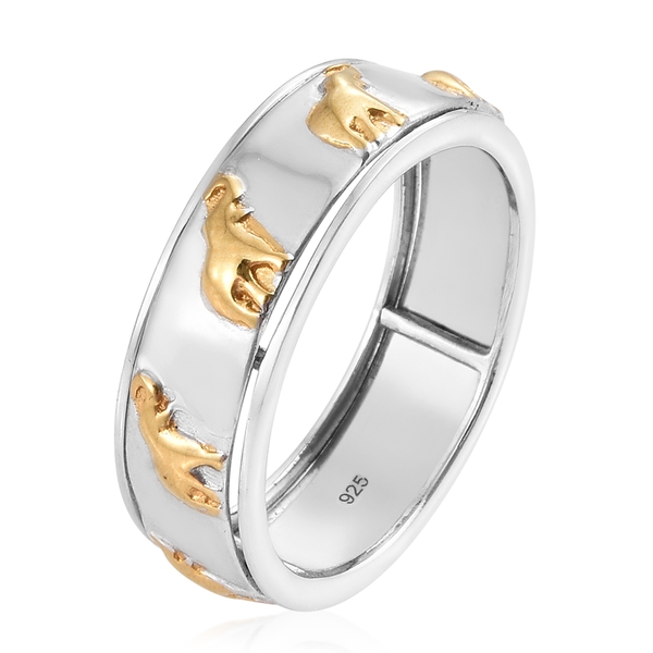 Designer Inspired-Yellow Gold and Rhodium Plated Sterling Silver Elephant Spinner Ring, Silver wt. 5.52 Gms.