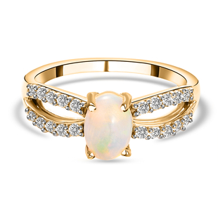 Ethiopian Welo Opal and Natural Cambodian Zircon Ring in 14K Gold Overlay Sterling Silver