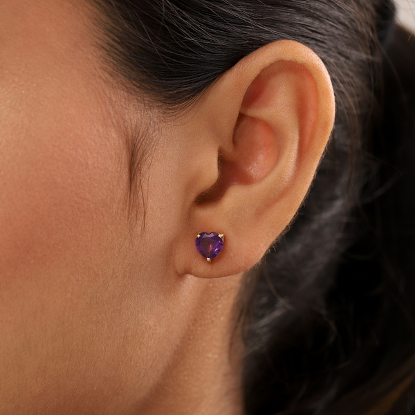 Amethyst Heart Stud Earrings (with Push Back) in 14k Gold Overlay Sterling Silver 2.18 Ct.