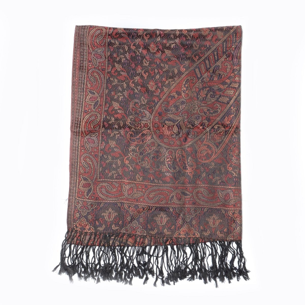 100% Superfine Silk Paisley Pattern Black and Multi Colour Jacquard Jamawar Scarf with Fringes (Size 180x70 Cm) (Weight 125 - 140 Grams)