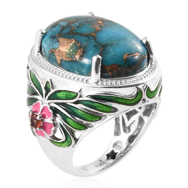 GP Blue Turquoise (Ovl 16.78 Ct), Mozambique Garnet and Kanchanaburi Blue Sapphire Enameled Ring in Platinum Overlay Sterling Silver 17.000 Ct, Silver wt 11.12 Gms.