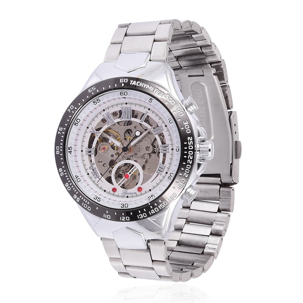 GENOA Automatic Skeleton Red Austrian Crystal Studded White Dial Water Resistant Watch in Silver Ton