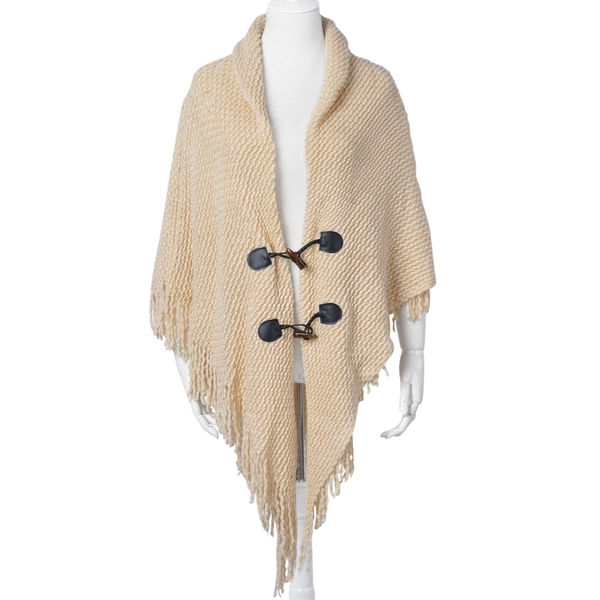 Cream Colour Knitted Poncho with Tassels (Free Size)