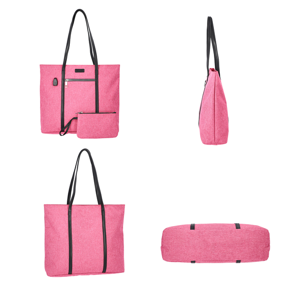 Multi Purpose Zipper Closure Tote Bag (40x13x35cm) with Wristlet (20x12cm) and Power Bank - Pink