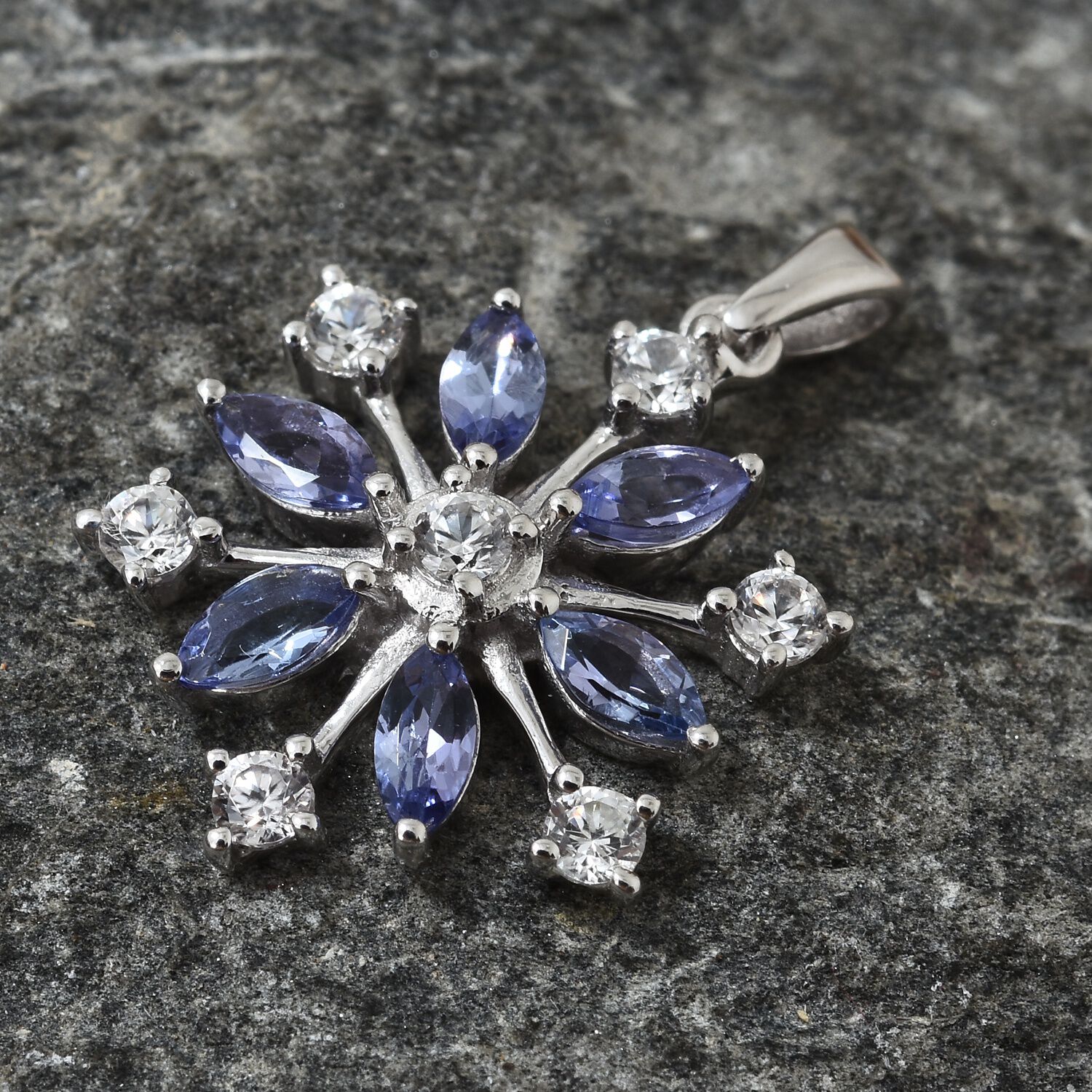 AA Tanzanite (Mrq), Natural Cambodian Zircon Snowflake Pendant in Platinum Overlay Sterling Silver 1.500 Ct.