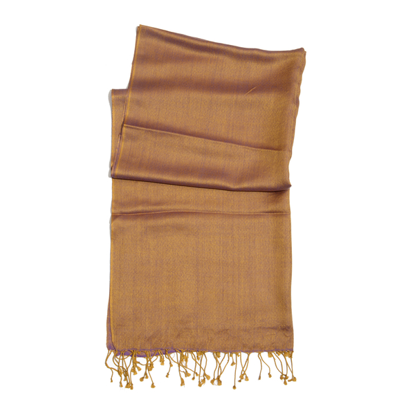 Mulberry Silk, Merino Wool  Blend (50%) Handloomed Purple and Bronze Colour Reversible Motif Scarf (Size 190x70 Cm)