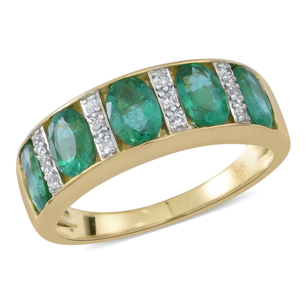 9K Yellow Gold AAA Kagem Zambian Emerald (Ovl), Natural White Cambodian Zircon Ring 2.120 Ct.