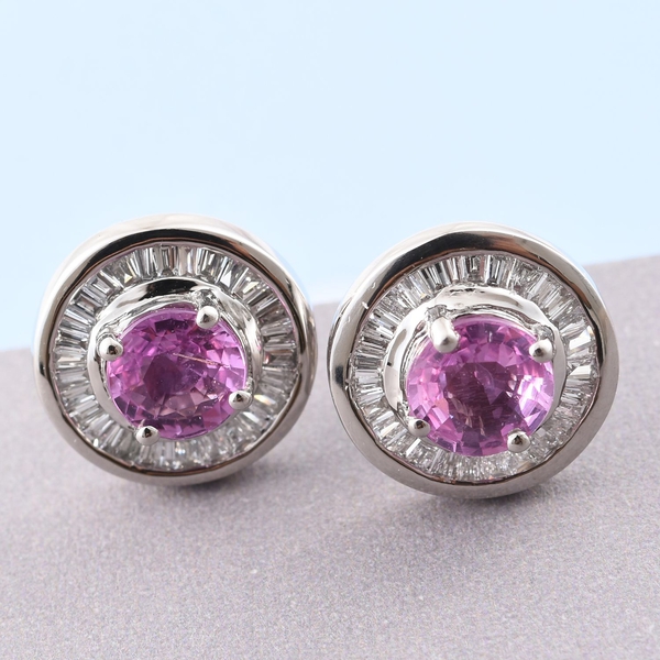 RHAPSODY 950 Platinum AAAA Pink Sapphire (Rnd), Diamond (VS/E-F) Stud Earrings (with Screw Back) 1.660 Ct. 5.4 Grams of Platinum