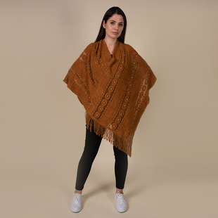 TAMSY Tassel Detailing Knitted Poncho With Beads -  Brown