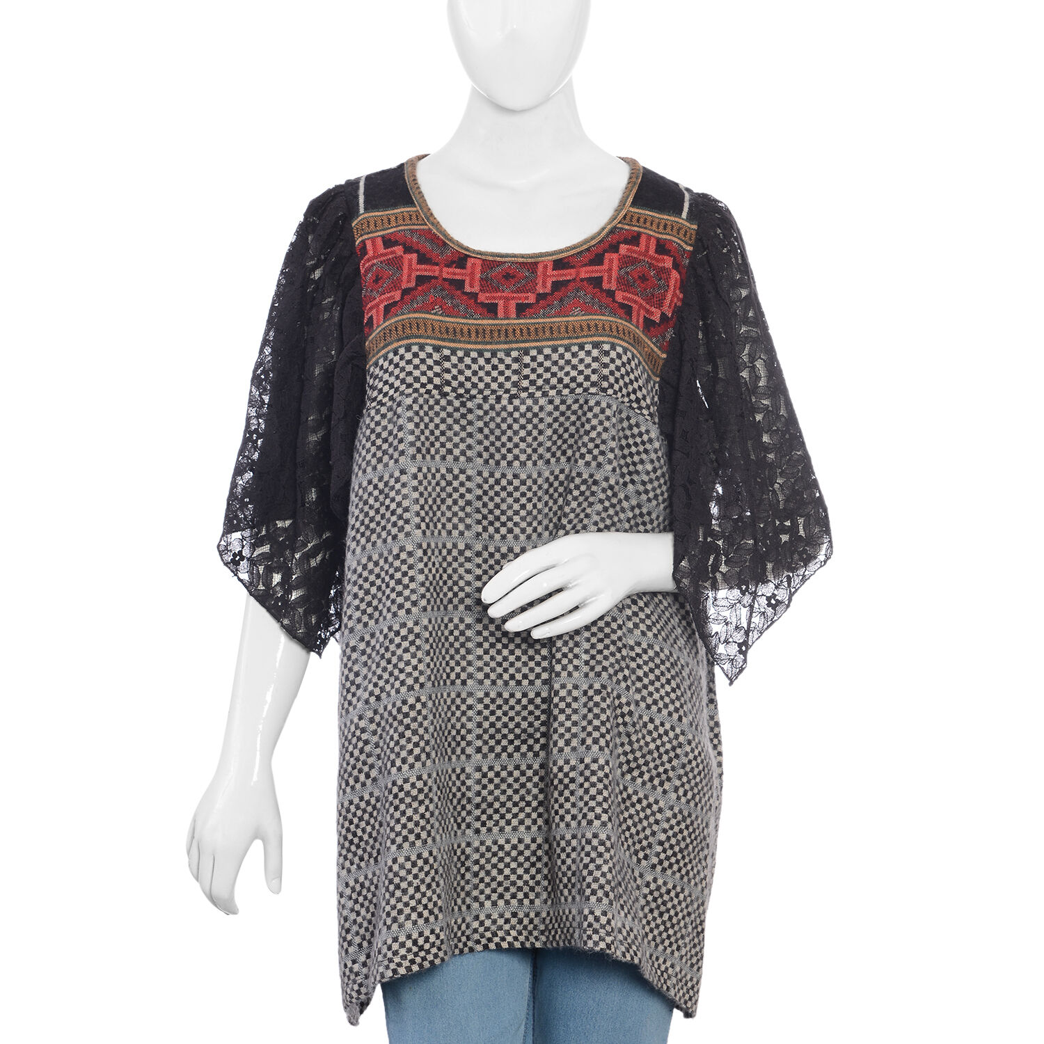 Black,White and Multi Colour Top with Net Flared Sleeves (Size 79 x 63 cm)