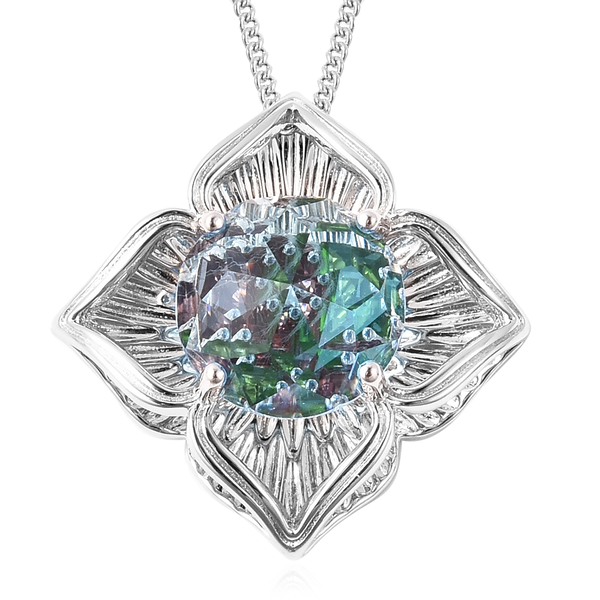 Galatea DavinChi Cut Collection - Blue Topaz, Chrome Diopside and Mozambique Garnet Pendant with Chain (Size 18) in Rhodium Overlay Sterling Silver 4.00 Ct.