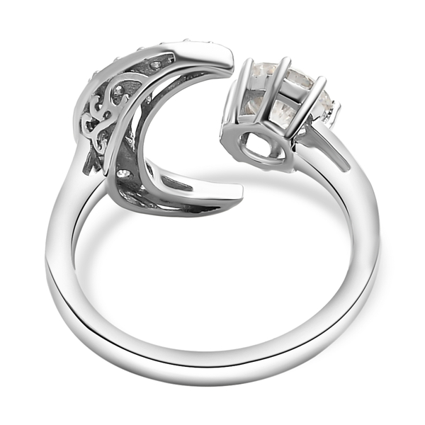 Moissanite Crescent Moon Open Ring in Platinum Overlay Sterling Silver 1.02 Ct.